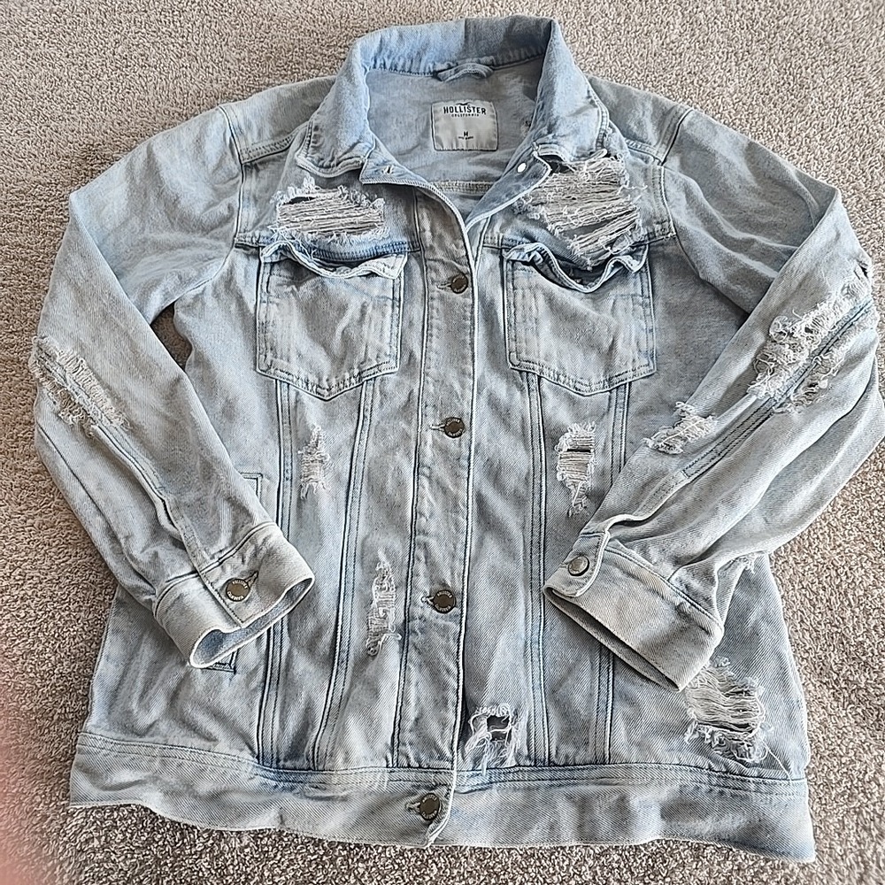Hollister Women's‎ Oversized Distressed Denim Jean Jacket Light Wash Size M Y2K